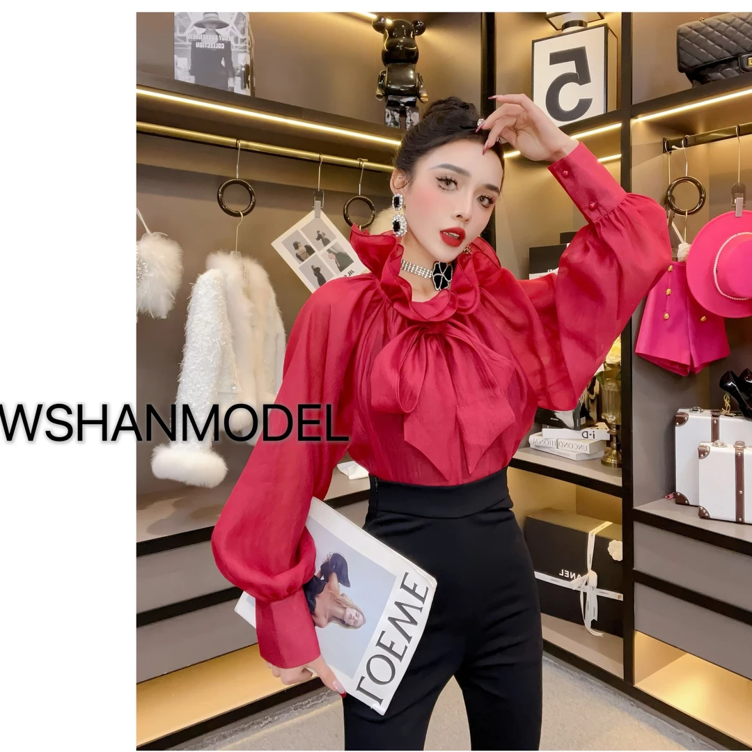 欧货女装-2024秋冬荷叶边系带领衬衫气质时尚百搭法式长袖上衣女