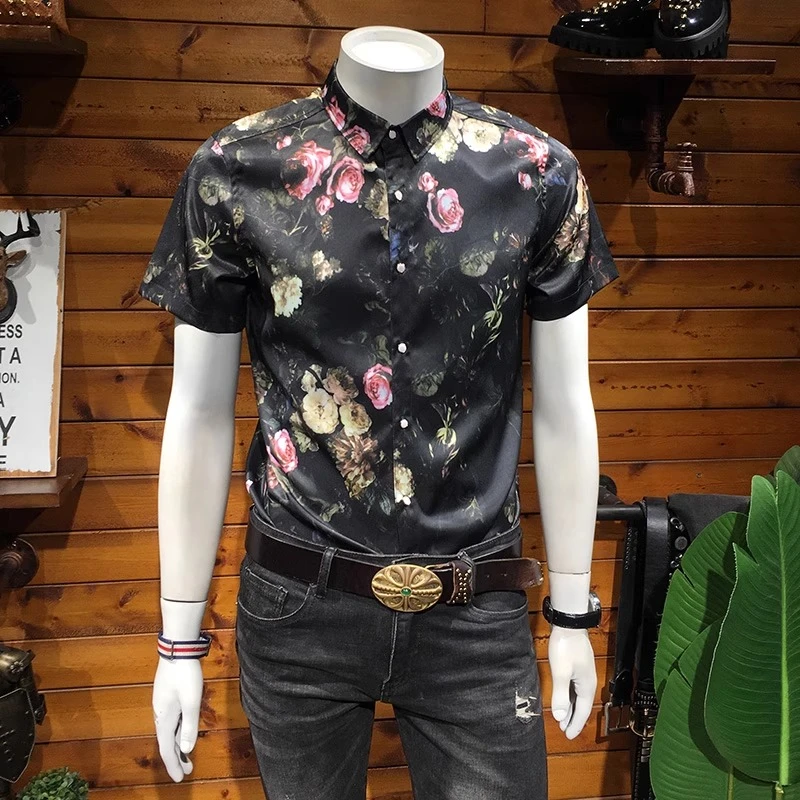 佩托本那轻奢短袖花衬衫男士夏季时尚修身潮牌印花休闲帅气衬衣