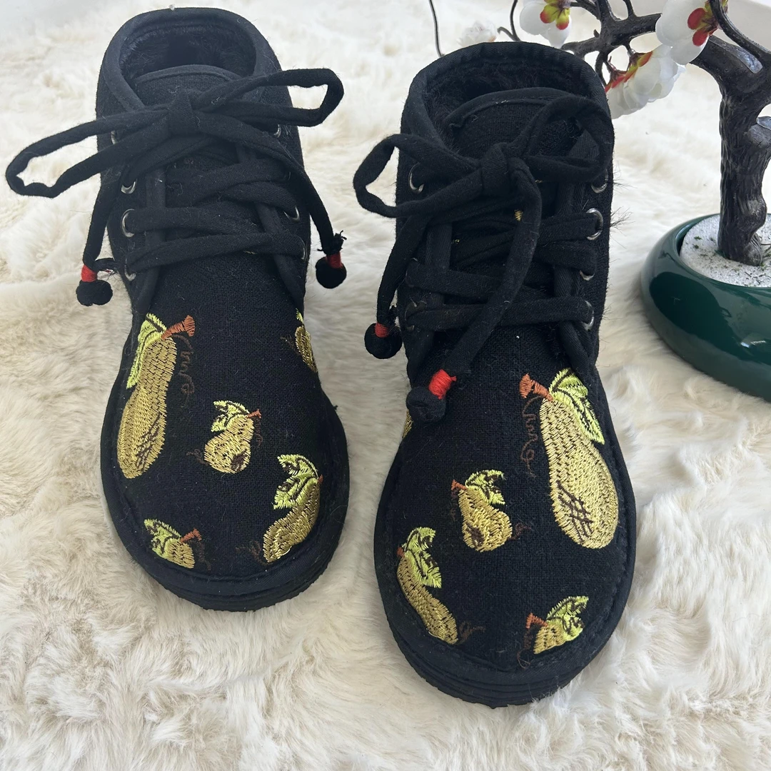 【凤梨-高帮毛毛款】手工布鞋千层底布鞋民族风系带平底