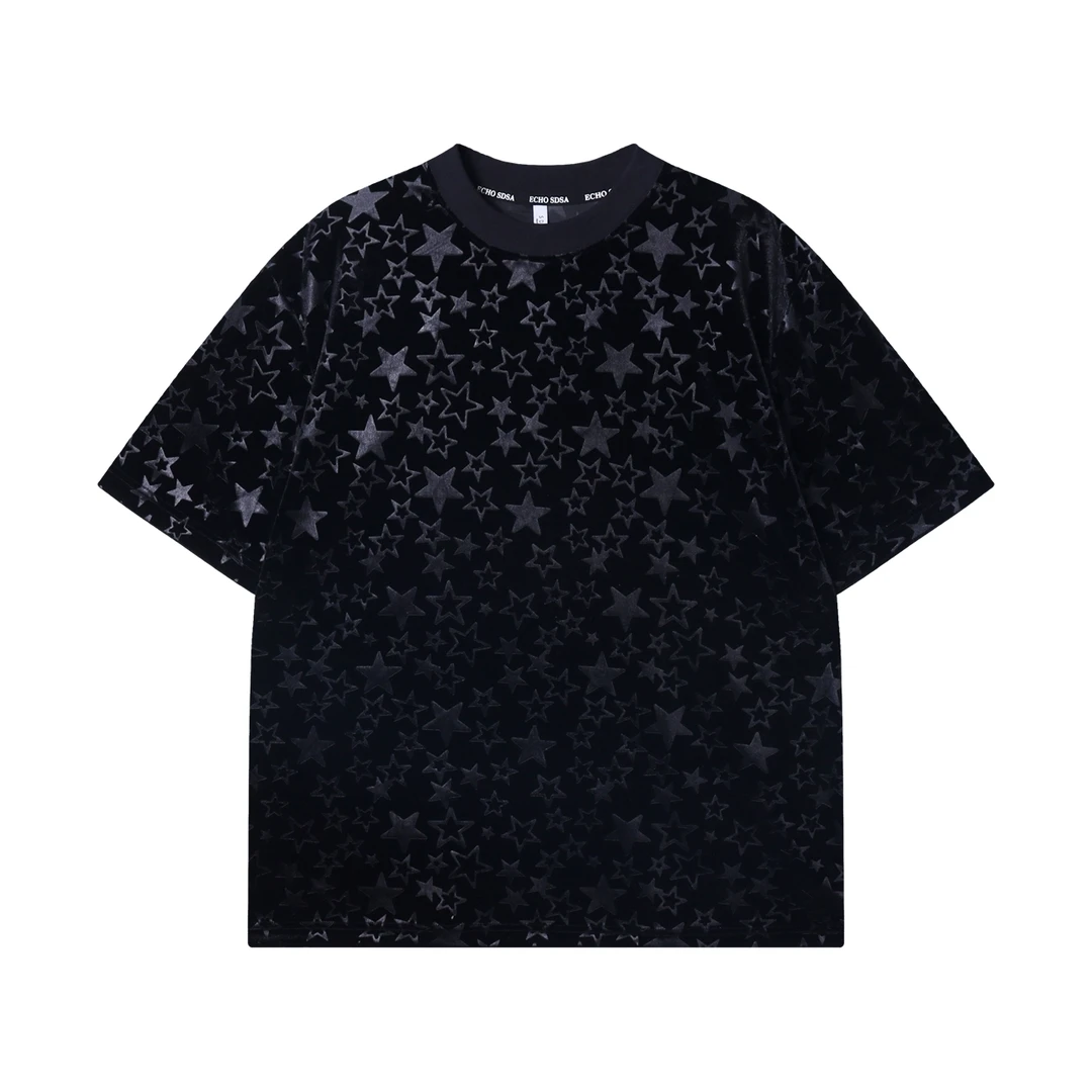 夏季高级感新款美式纯色绒面星星印花圆领短袖T恤百搭显瘦上衣