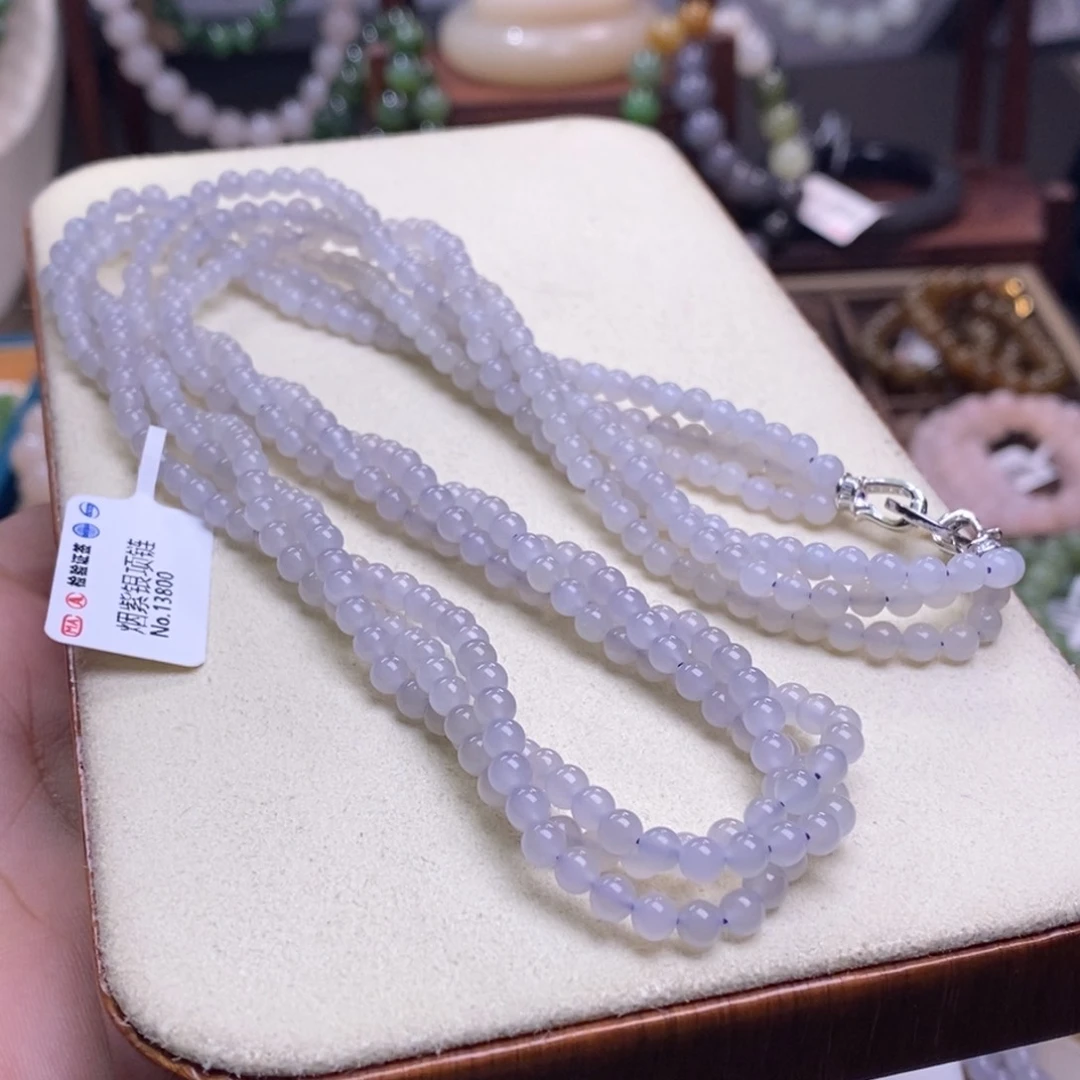 和田玉收藏级冰烟紫老矿料高冰麻花项链未镶嵌初**颜