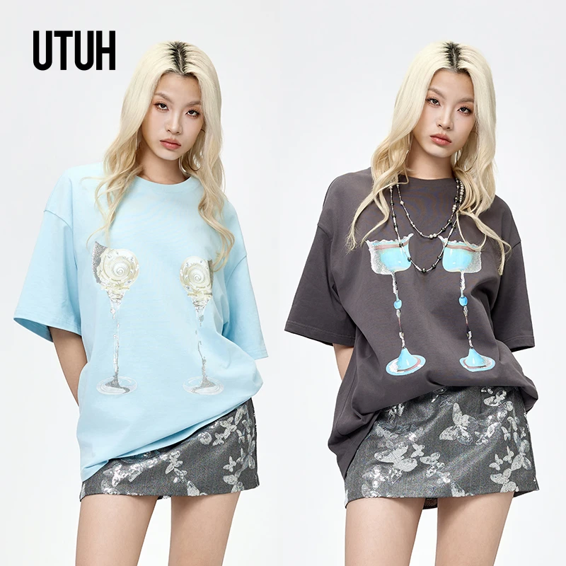 UTUH蓝/灰色印花比基尼蕾丝纯棉上衣T恤女休闲夏日风情TDWWR2T140