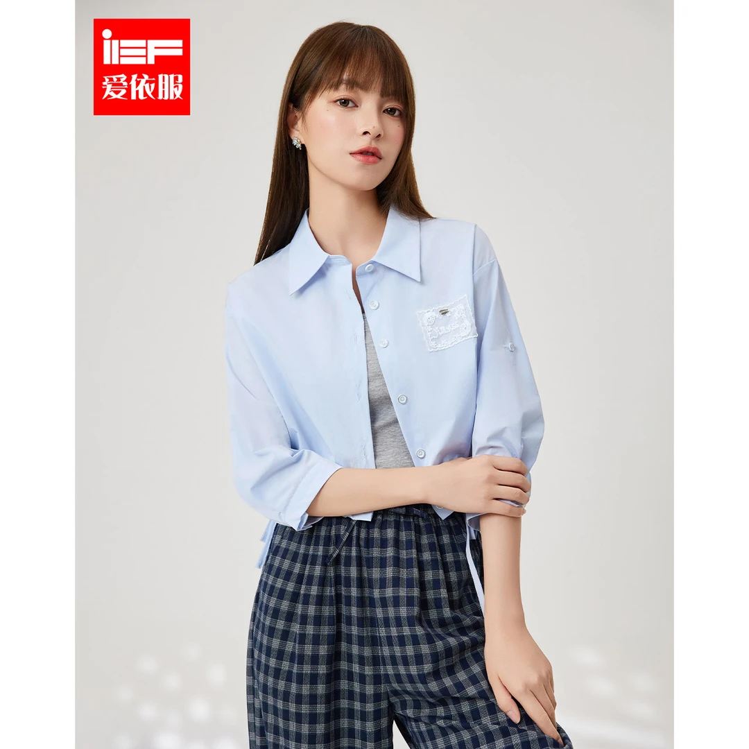 IEF/爱依服上衣2025早秋新款韩版通勤气质短款八分袖衬衫流光风