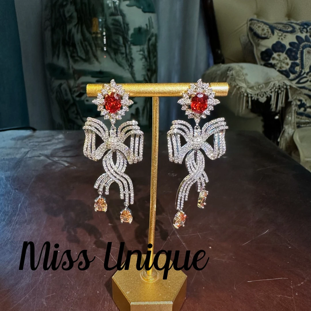 B1904红椭圆立体蝴蝶结耳环