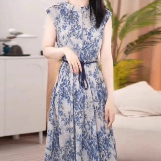 2025夏季新款中长裙短袖印花高腰收腰显瘦气质连衣裙女士