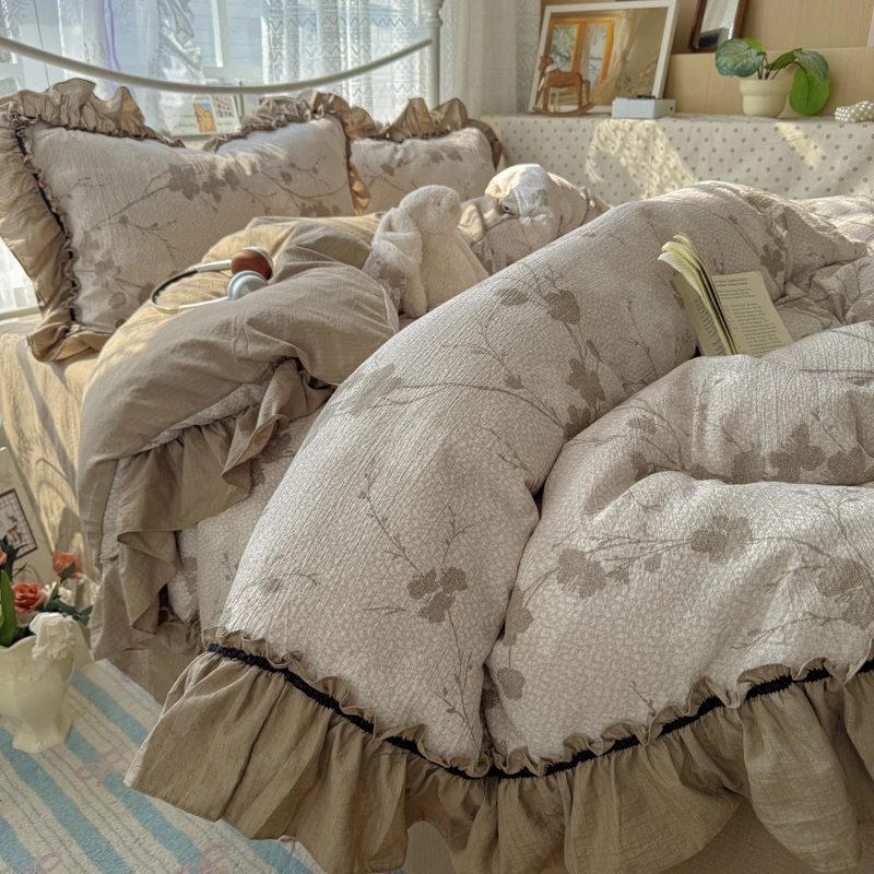 法式田园风复古碎花被罩床单四件套少女花边款被套被单宿舍三件套