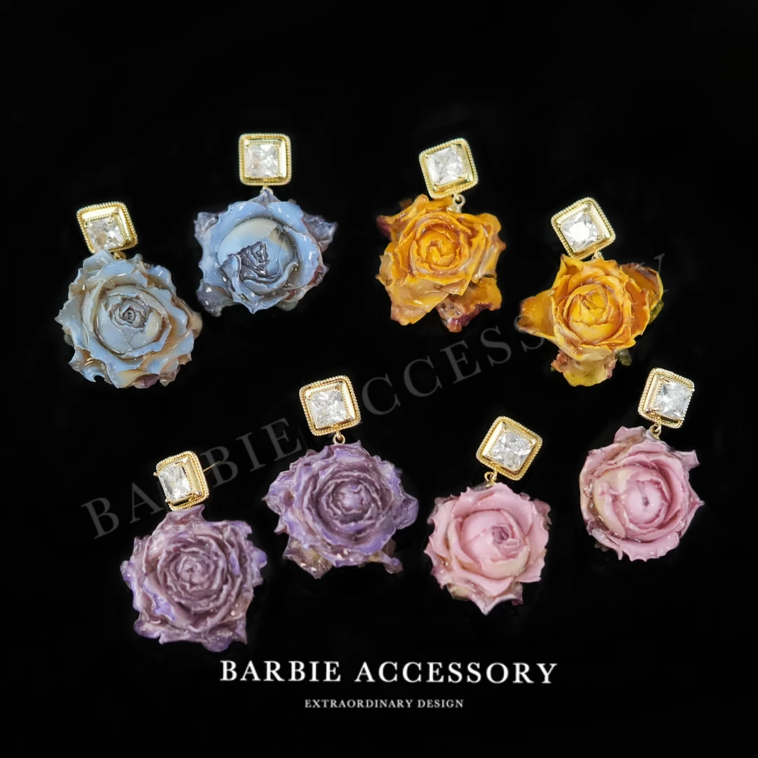 铜合金合成锆石耳饰 【粉思玫瑰】法式既视设计款高级感绝美耳环