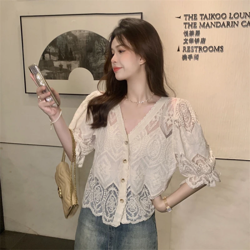 [259]V领蕾丝开衫雪纺衫女士上衣春夏薄款长袖灯笼袖外搭防晒衣