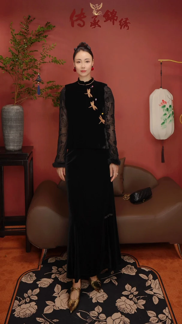 秋季新款国风桑蚕丝真丝丝绒手工钉珠《金蜻蜓》秋冬马夹冬季时尚