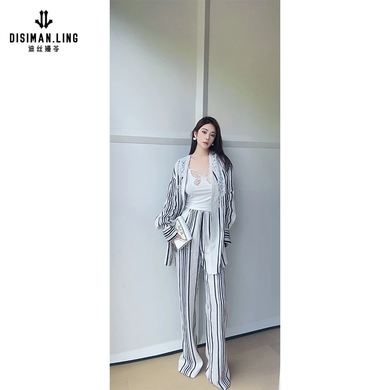 迪丝嫚苓亚麻黑白条纹两件套套装蕾丝花边慵懒松弛感气质小众优雅
