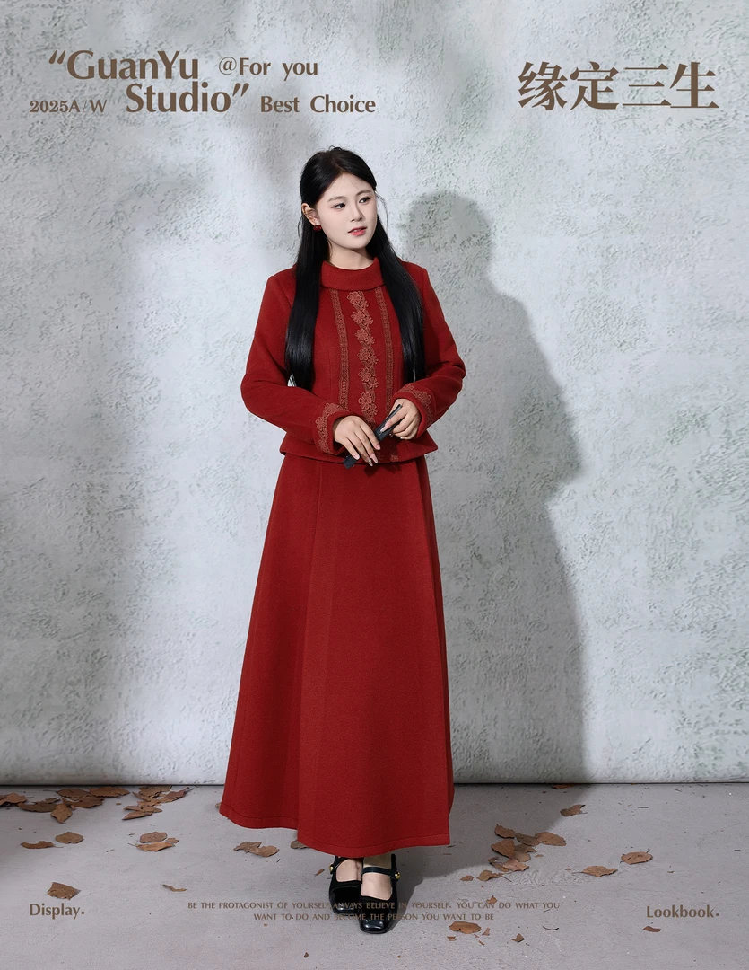 【缘定三生】冬大码胖mm法式蕾丝立体绣花订婚服敬酒服套装 DM33547