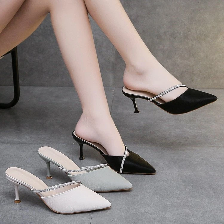 设计感尖头高跟包头拖鞋女2025年新款浅口水钻S带ins潮细跟半拖鞋