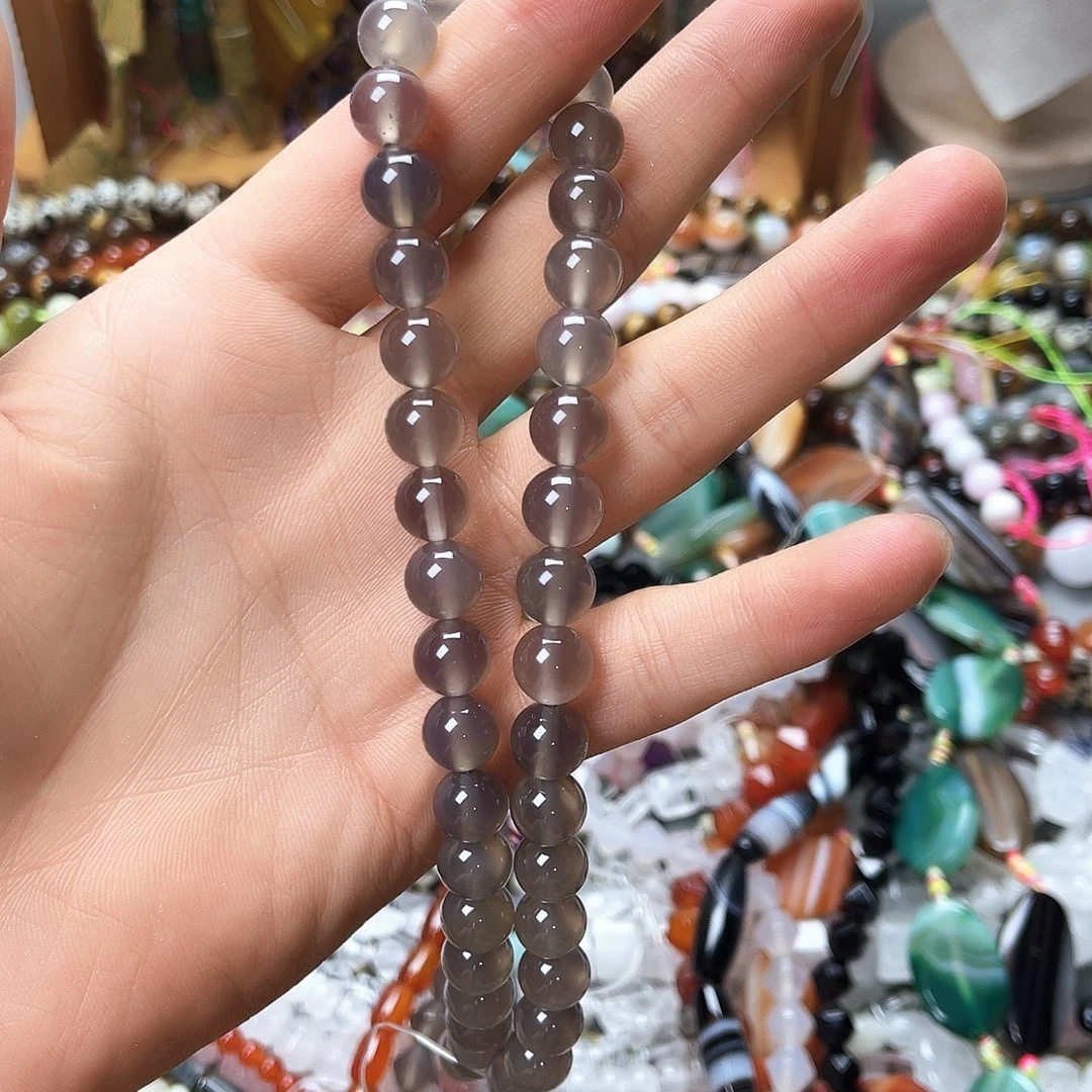 玛瑙/玉髓未镶嵌珠宝半成品卡10灰玛圆珠一条