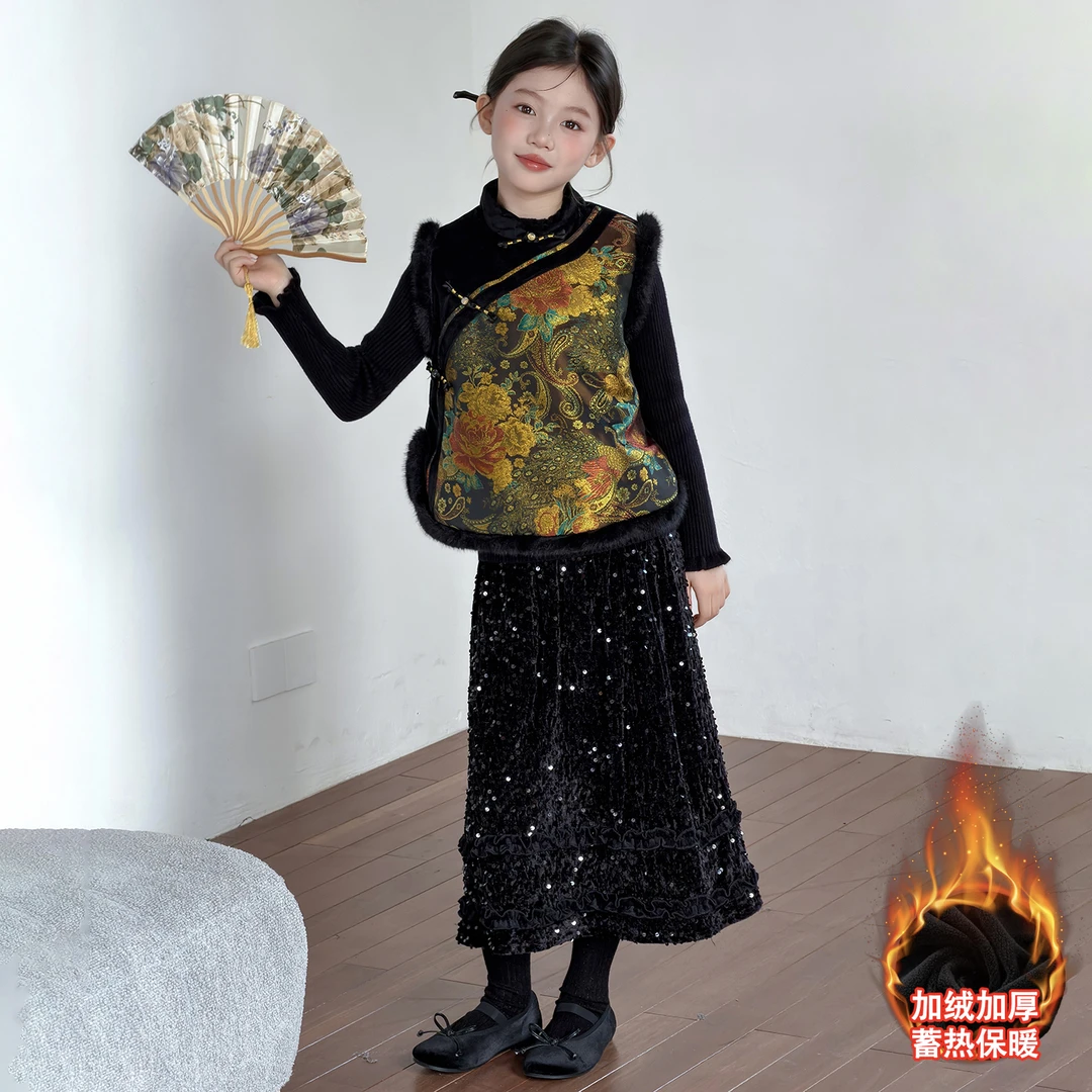 女童冬季拜年年服2025新款洋气时尚黑金套装6-12岁中大童三件套潮