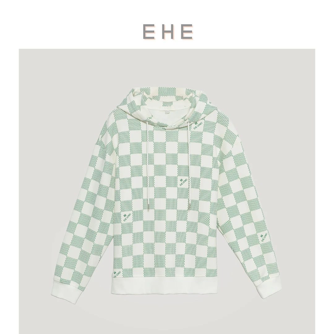 EHE男装 春季绿色棋盘格莫代尔棉休闲时尚连帽卫衣男66115231007