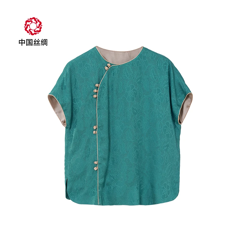 中国丝绸 罗【牵牛花翠绿色】隆鹊夏季新款短袖清凉透气高档女装