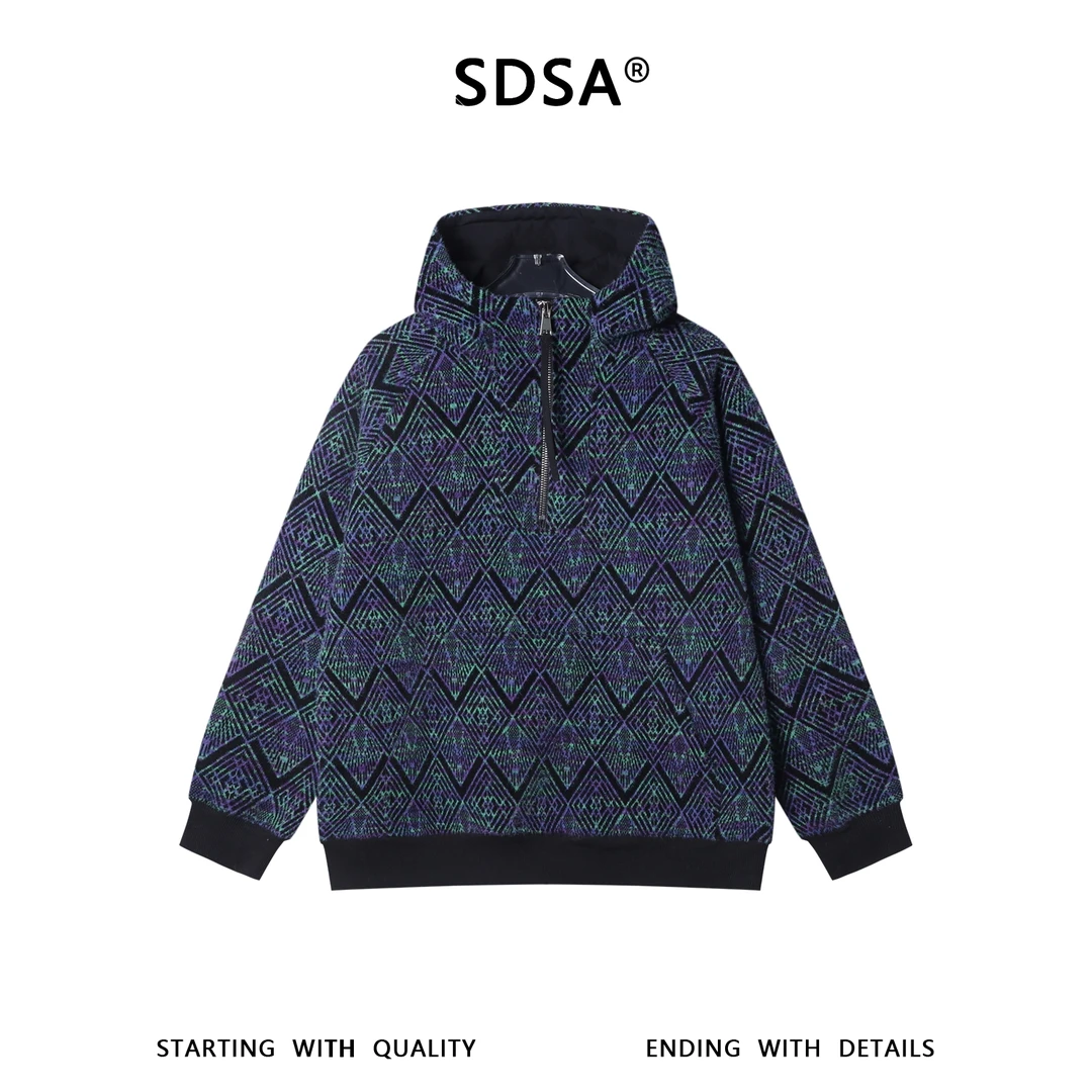 SDSA男士秋冬新款痞帅男装简约撞色菱形半拉链立领连帽卫衣简约潮