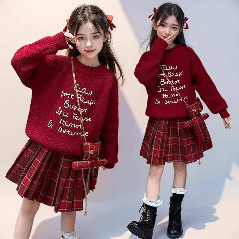 新款高级女童毛衣套装2025秋冬款洋气红色加厚拜年服百褶裙两件套