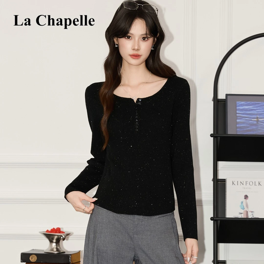 拉夏贝尔圆领长袖针织打底衫女2025秋冬新款收腰显瘦时尚百搭毛衣