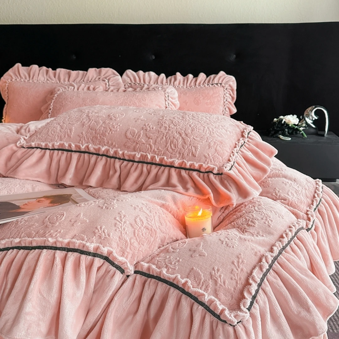 新款花边款牛奶绒雕花四件套双面加厚韩式加绒四件套牛奶绒双面绒