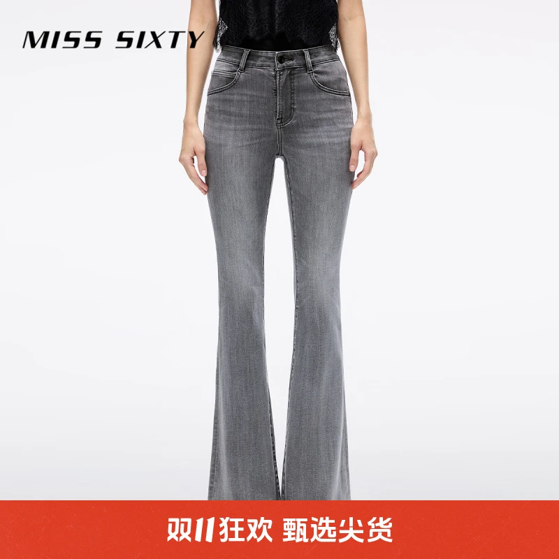 Miss Sixty2025秋季新款牛仔裤女复古黑灰含天丝显瘦喇叭裤广角裤