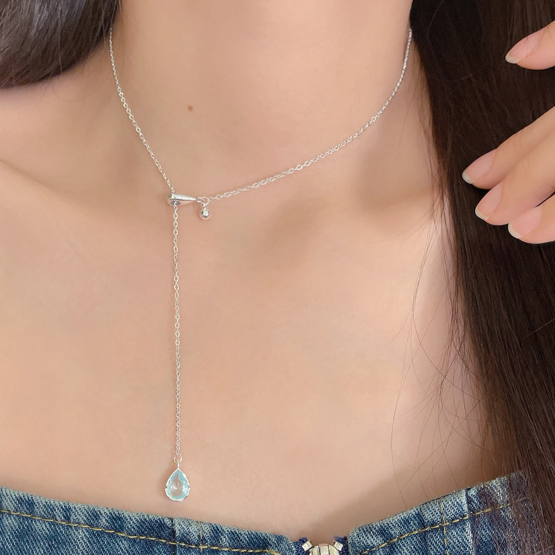 合金合成锆石项链 一滴泪简约蓝色水滴项链抽拉式可调节锁骨链