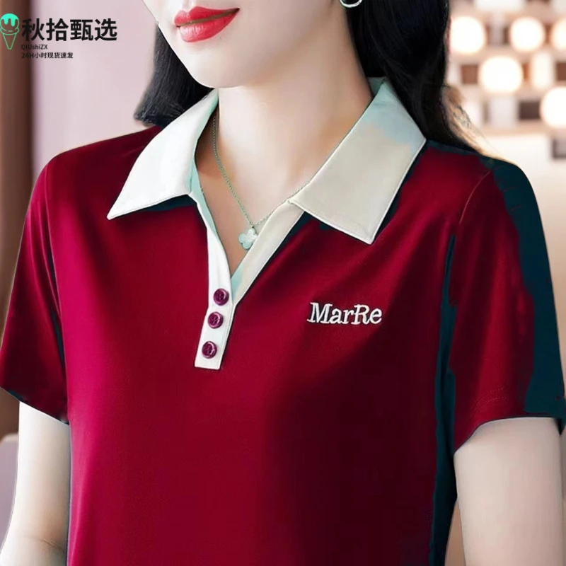 妈妈装气质翻领短袖t恤女夏季新款polo衫中年人运动休闲上衣大码