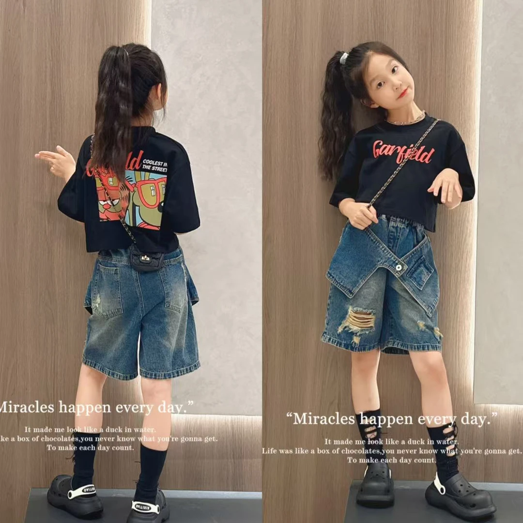 女童夏季时髦潮酷短款宽松短袖T恤女孩个性设计感牛仔中裤潮