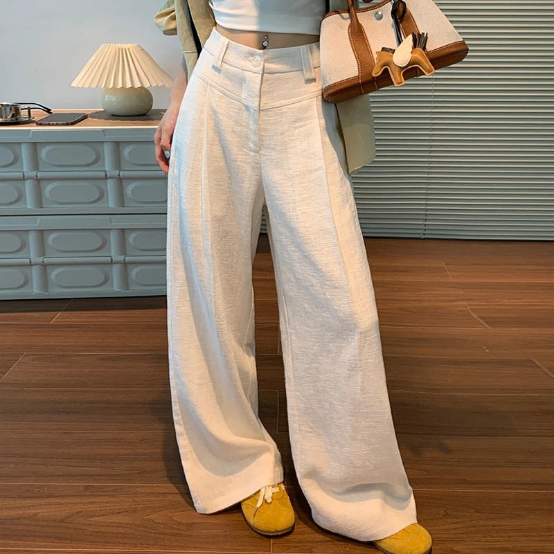 白色亚麻阔腿裤女夏薄款高腰垂感苎麻慵懒老钱风西装直筒棉麻裤子