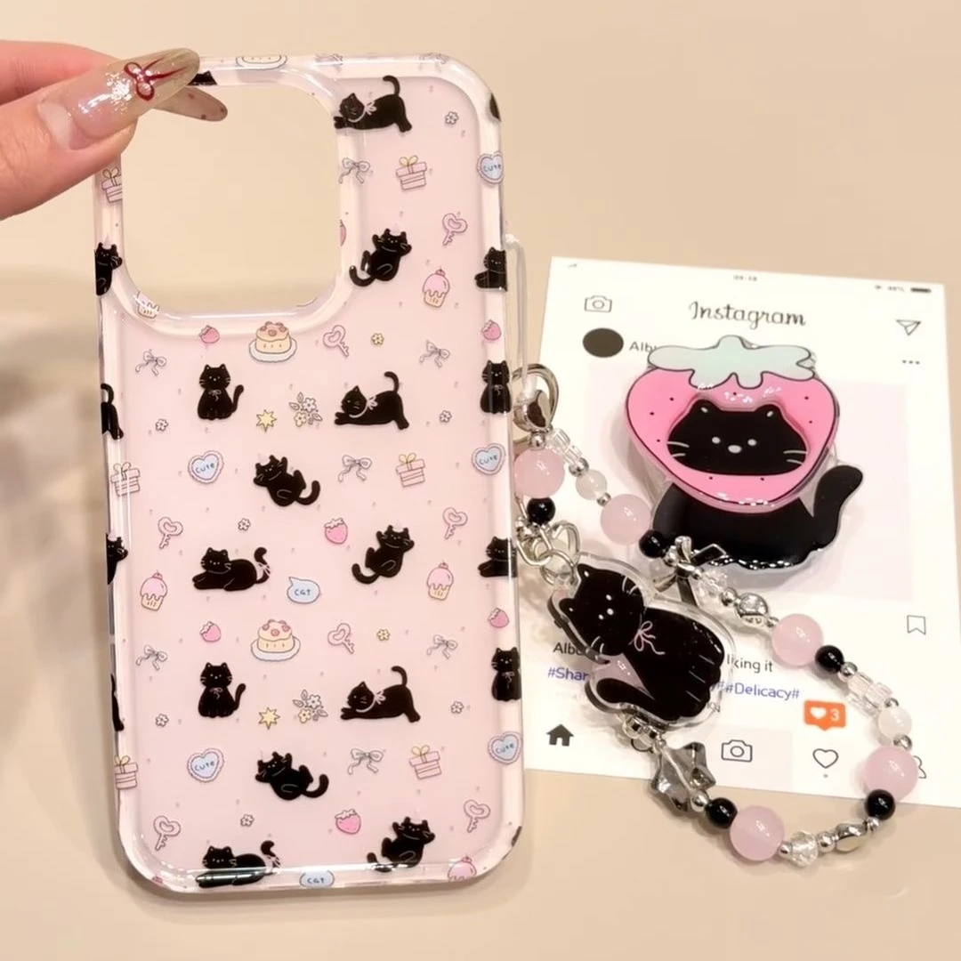 日韩草莓小黑猫适用iphone16/15手机壳苹果iPhone14卡通13/12/11