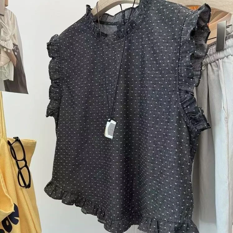 伟丽店4003款【木耳边飞飞袖波点无袖上衣】新款时尚设计感衬衫