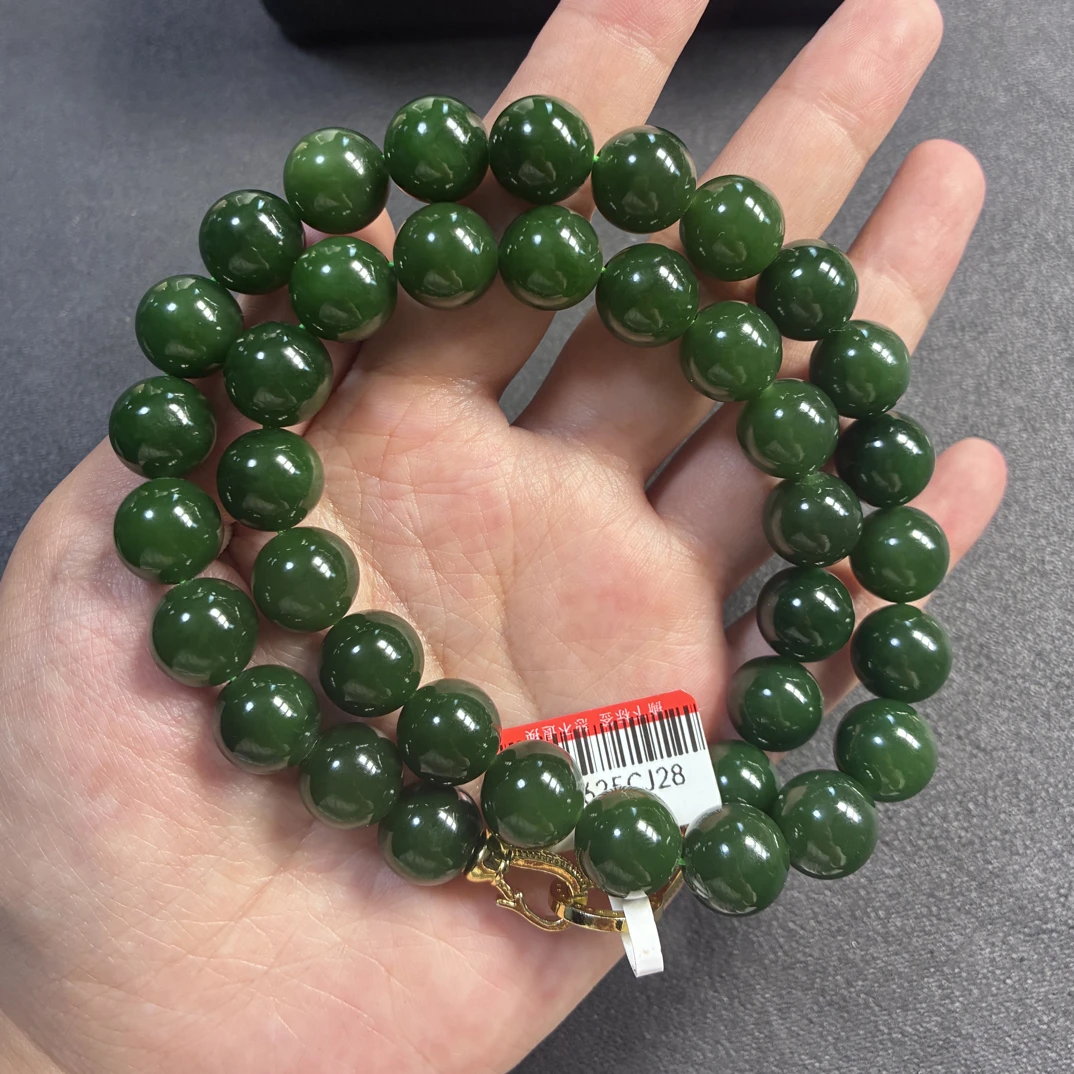 和田玉碧玉菠菜绿卡12项链