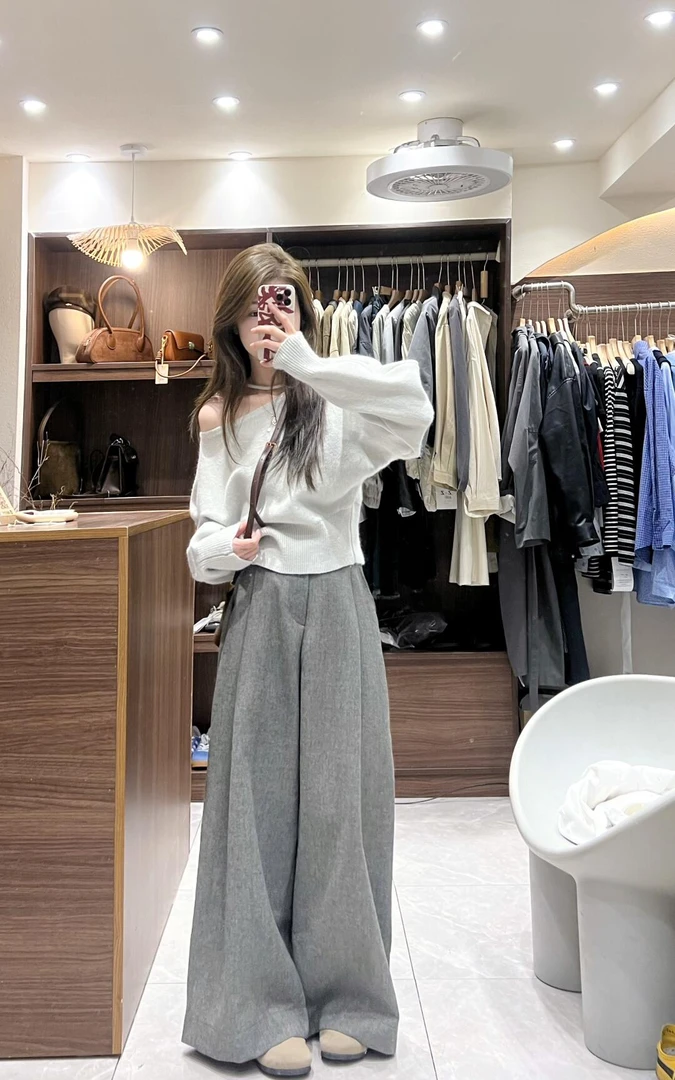 【简单快乐】法式简约通勤休闲风白色上衣气质高级感灰色直通阔腿裤