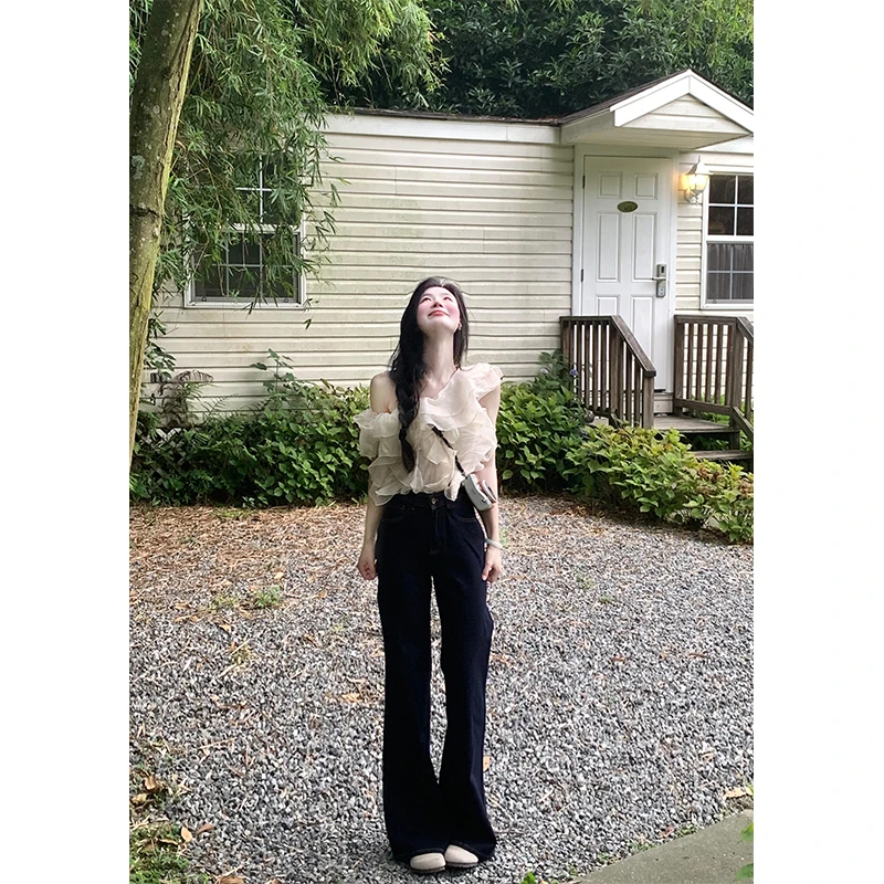 纯欲慵懒风女装夏季荷叶边拼接宽松长袖衬衫打底衫高腰直筒休闲裤