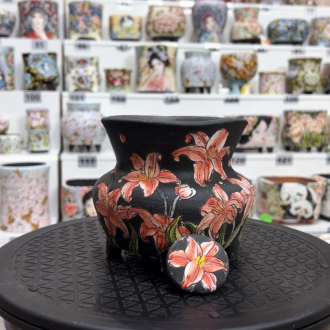 手绘陶瓷花盆口10.5高12