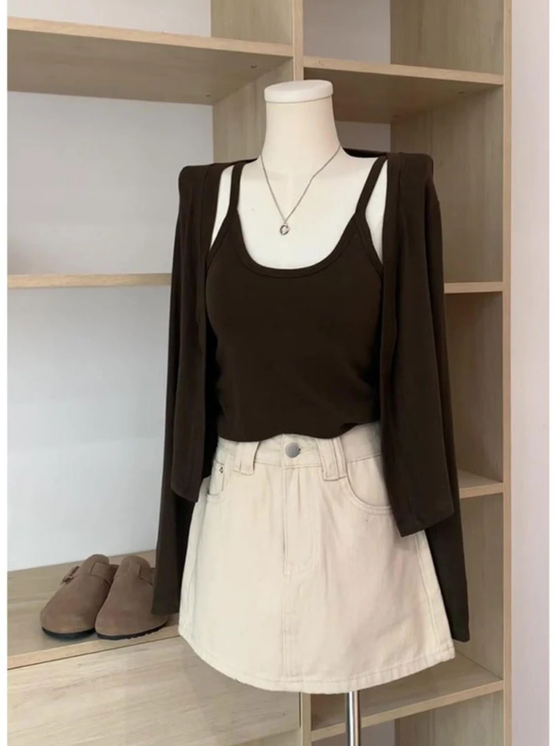 安哥拉红长袖开衫女配吊带背心外搭罩衫外套春秋设计感两件套上衣