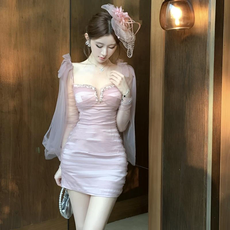 名媛气质千金感重工镶钻网纱生日宴会礼服女性感修身显瘦包臀短裙