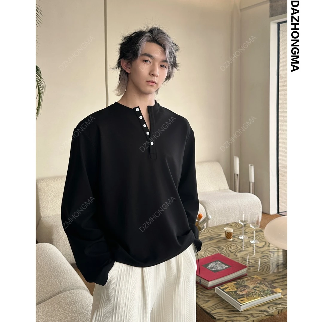 【大重码】春季新款港风拼接撞色休闲长袖T恤男宽松长袖设计感上衣