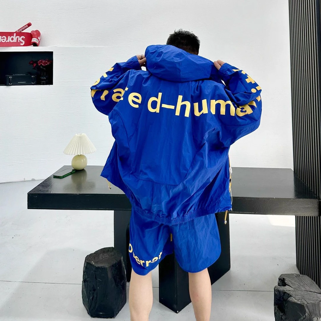 夏季潮流男士蝙蝠袖大字母印花防晒短裤时尚连帽薄款宽松休闲套装