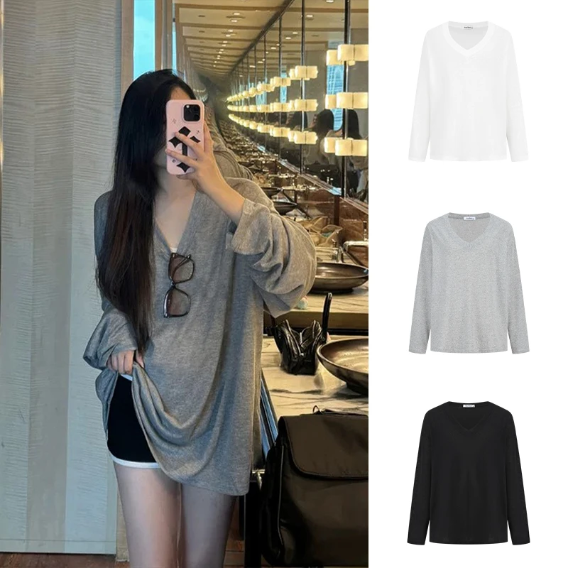 Moses Queen/魔西女王灰色v领长袖t恤防晒衫时髦凉感宽松休闲上衣