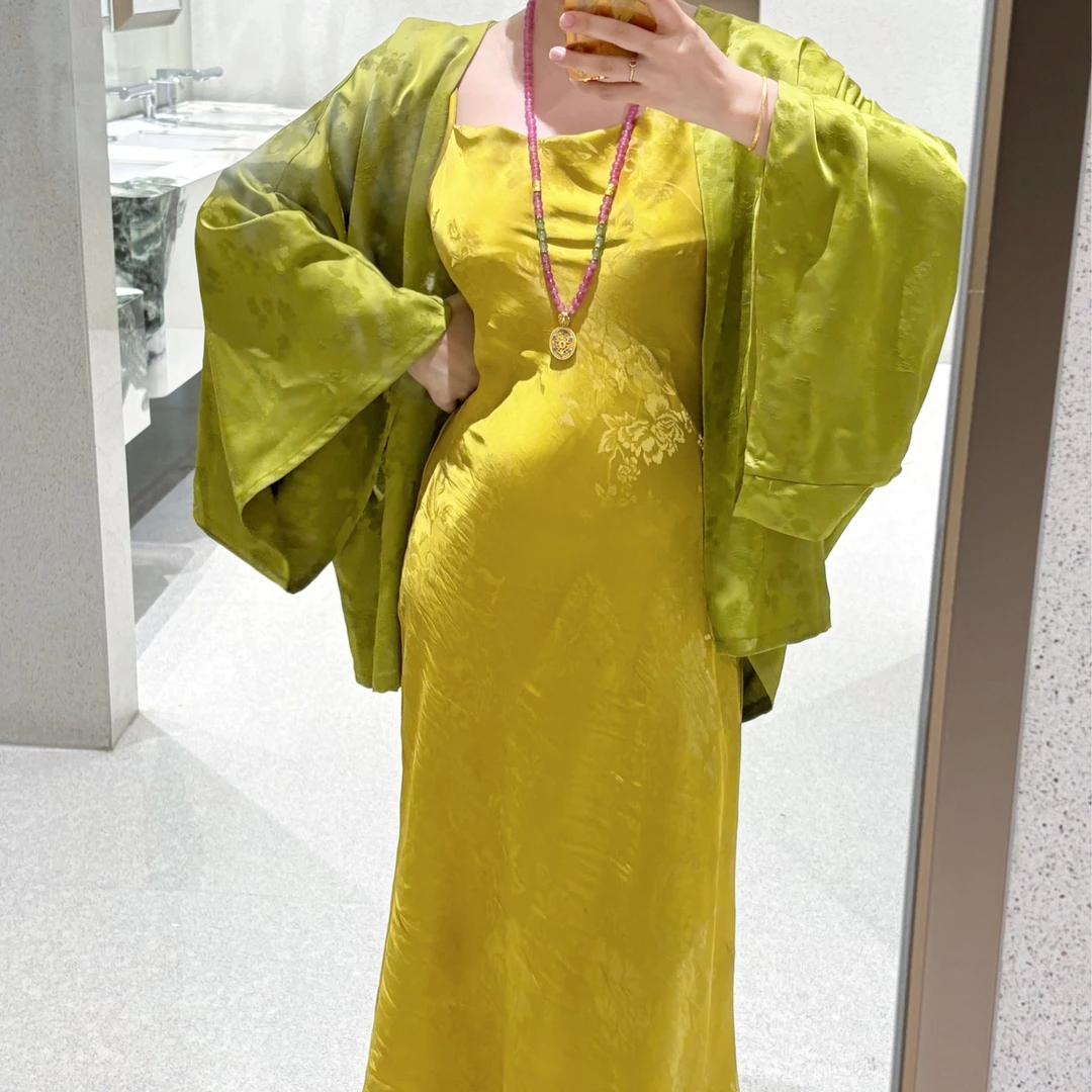 LHMknk1画报夫人原创高级中式贵妇老钱风 人丝荡领裙金黄花