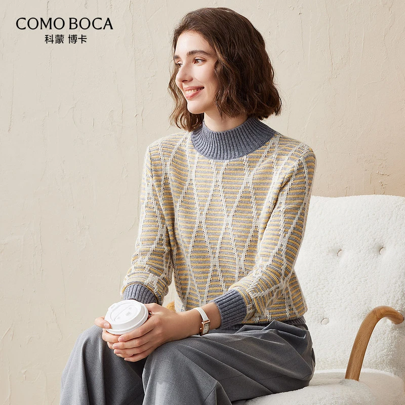 COMOBOCA/科蒙·博卡24秋冬半高领毛衣撞色针织羊绒衫女KSS1828