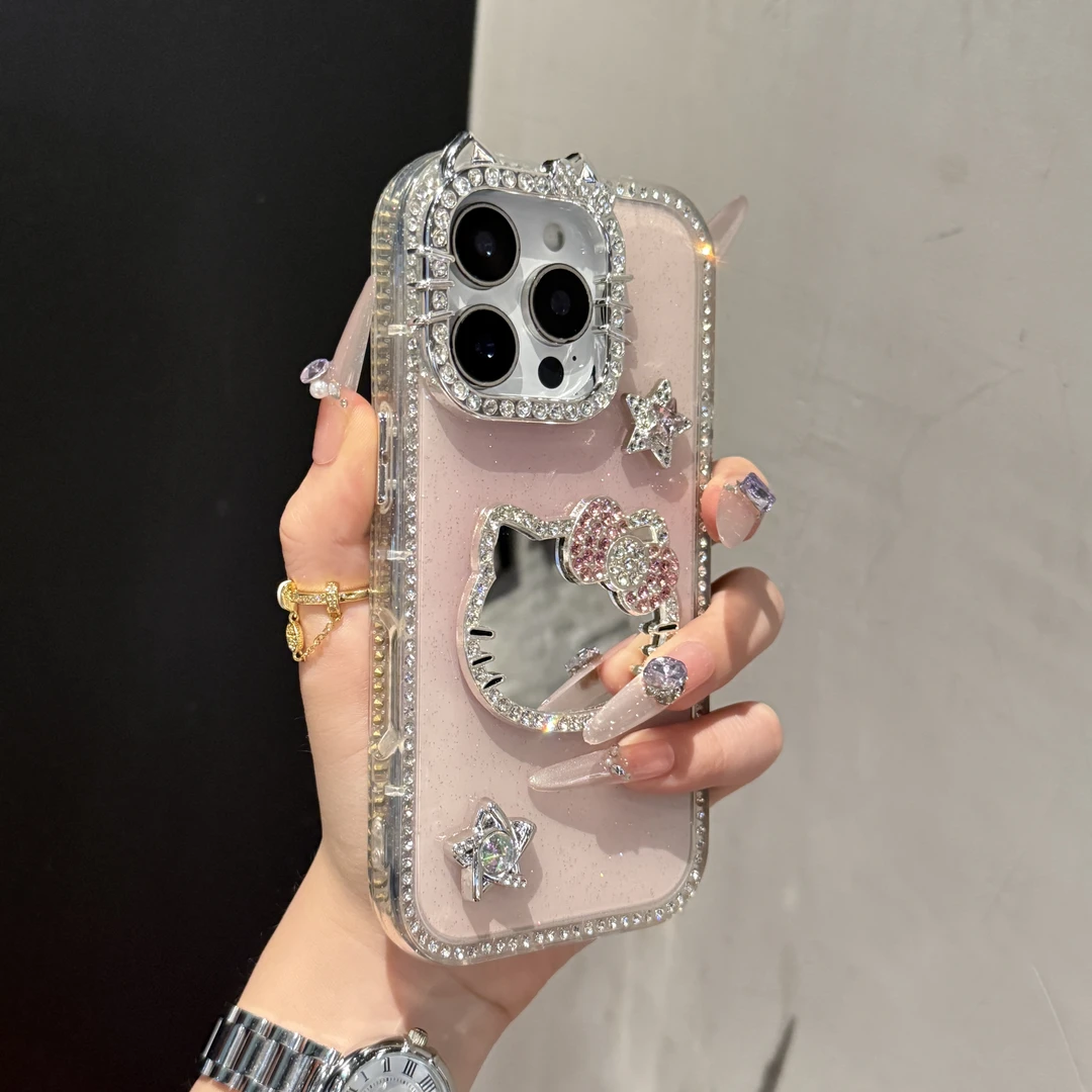高级双面镶钻渐变KT猫镜子适用苹果16手机壳15promax可爱14/13女