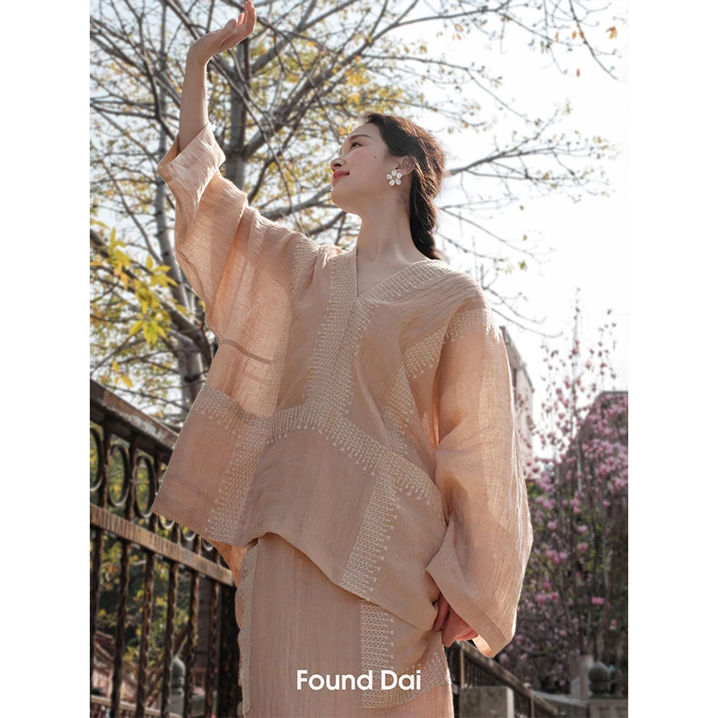 “富贵闲人”刺绣亚麻套装 | 松散感上衣 直筒裙 小短裤 | 蕊粉色b