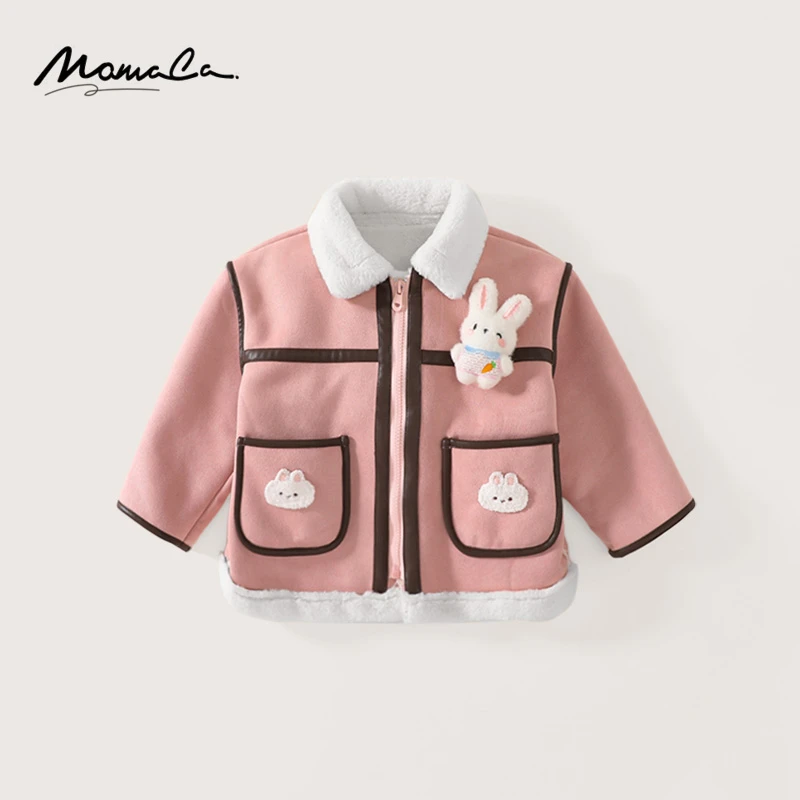 MOMOCO冬季新款女童韩版休闲可爱小兔子口袋呢子外套75830107056
