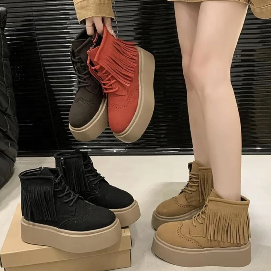 全A888复古短筒增高流苏平跟系带马丁靴平底厚底女士