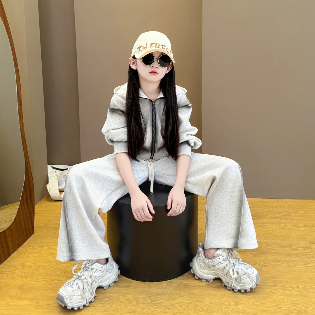 女童2025新款中大童韩版洋气春秋季休闲连帽外套宽松阔腿裤套装潮