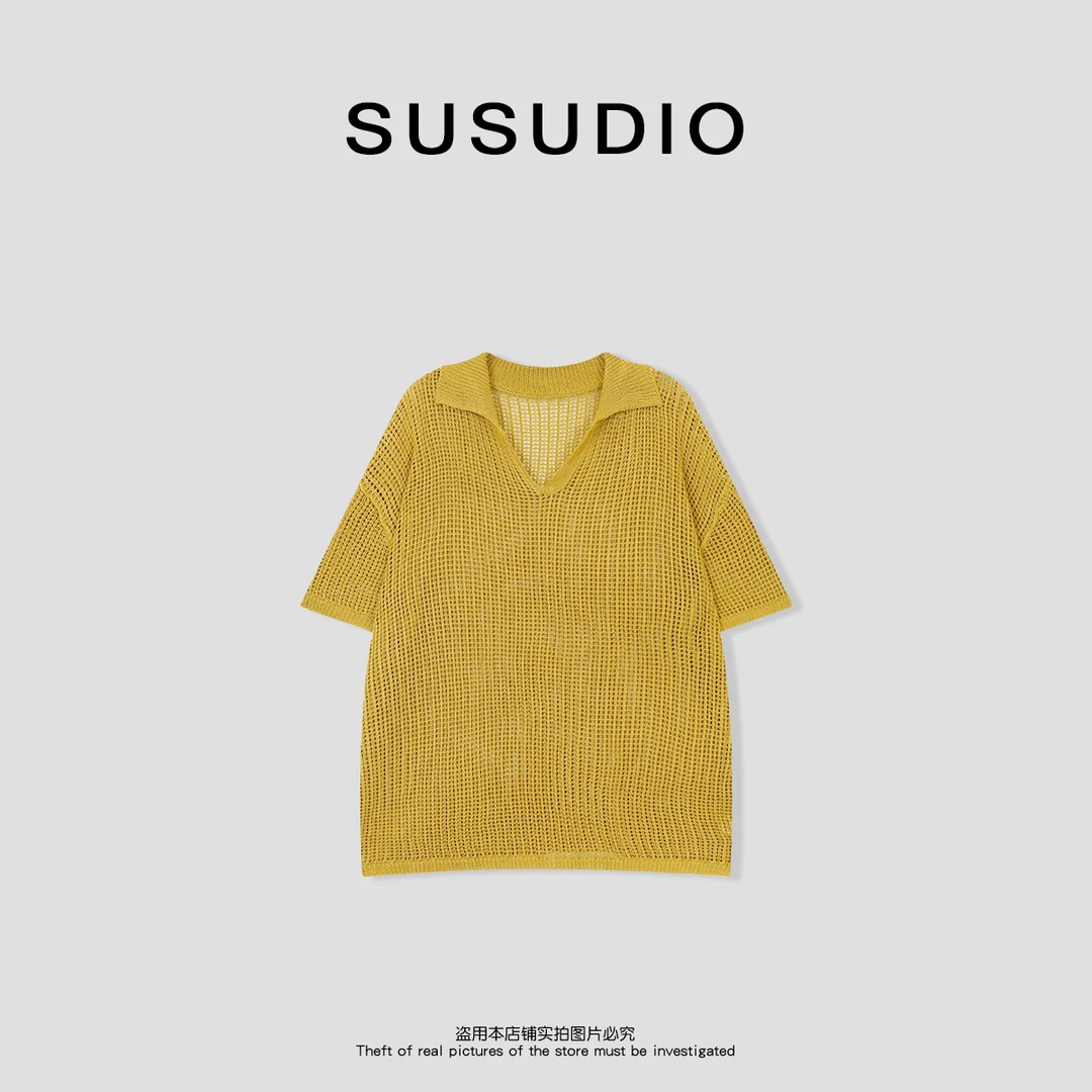 SUSUDIO 夏季简约慵懒风镂空宽松显瘦翻领针织衫 50157