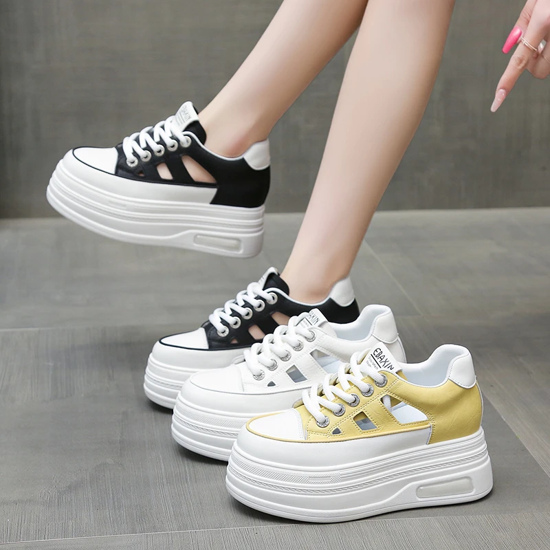 夏季透气内增高8CM镂空小白鞋女2025小个子韩版休闲百搭松糕女鞋