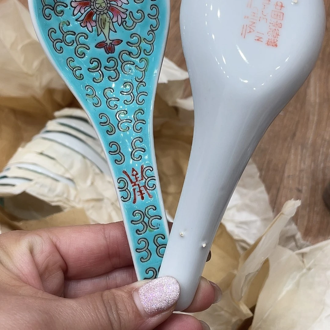 瓷片景德镇粉彩绿杨连汤勺